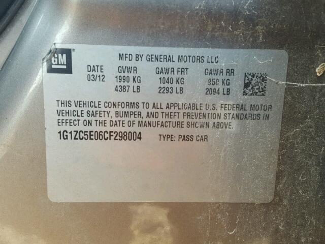 1G1ZC5E06CF298004 - 2012 CHEVROLET MALIBU 1LT ნაცრისფერი ფოტო 10