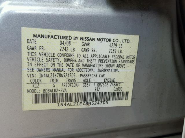 1N4AL21E78N524705 - 2008 NISSAN ALTIMA 2.5 SILVER photo 10