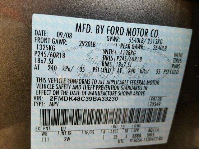 2FMDK48C39BA33230 - 2009 FORD EDGE SEL GRAY photo 10