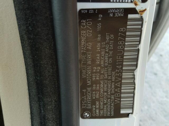 WBAAV33411FU88778 - 2001 BMW 325 WHITE photo 10