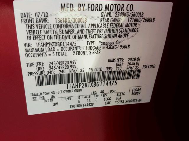 1FAHP2KTXBG114475 - 2011 FORD TAURUS RED photo 10