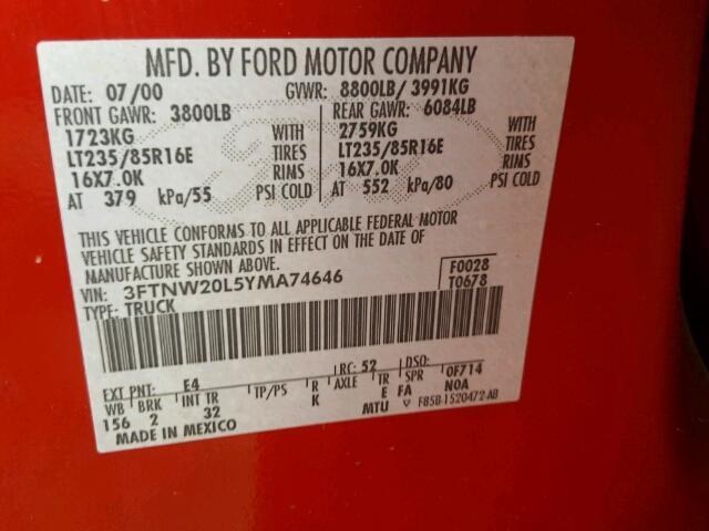 3FTNW20L5YMA74646 - 2000 FORD F250 RED photo 10