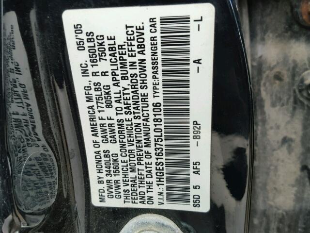 1HGES16375L018106 - 2005 HONDA CIVIC BLACK photo 10