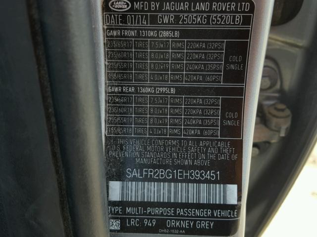 SALFR2BG1EH393451 - 2014 LAND ROVER LR2 HSE GRAY photo 10