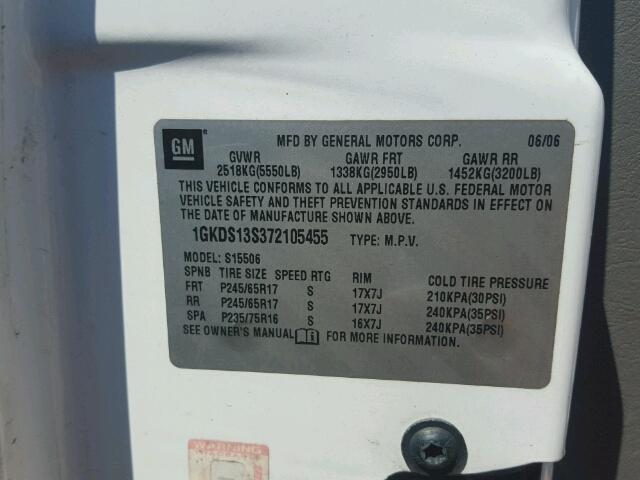 1GKDS13S372105455 - 2007 GMC ENVOY Սպիտակ լուսանկար 10