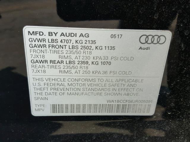 WA1BCCFS6JR005091 - 2018 AUDI Q3 PREMIUM BLACK photo 10