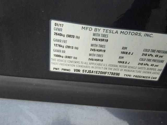 5YJSA1E20HF178896 - 2017 TESLA MODEL S GRAY photo 10