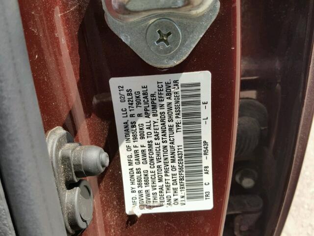 19XFB2F56CE043711 - 2012 HONDA CIVIC MAROON photo 10