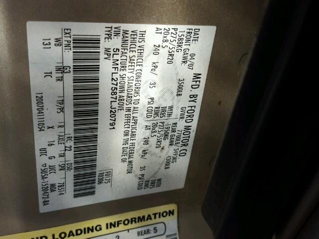 5LMFL27587LJ20791 - 2007 LINCOLN NAVIGATOR GOLD photo 10