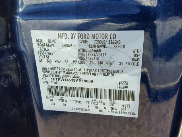 1FTPW14538KB18889 - 2008 FORD F150 SUPER BLUE photo 10