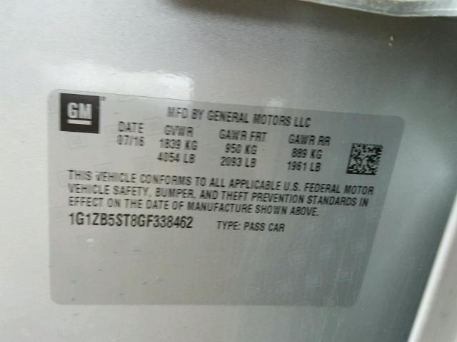 1G1ZB5ST8GF338462 - 2016 CHEVROLET MALIBU LS ვერცხლისფერი ფოტო 10