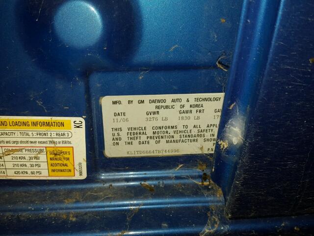 KL1TD66647B744996 - 2007 CHEVROLET AVEO BASE Mavi foto 10