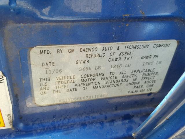 KL1TD56667B110468 - 2007 CHEVROLET AVEO BASE Bleu photo 10