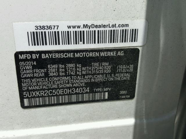 5UXKR2C50E0H34034 - 2014 BMW X5 SDRIVE3 WHITE photo 10