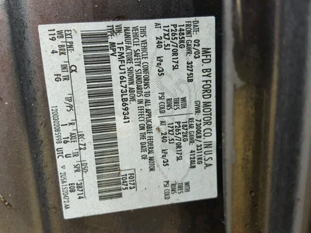 1FMFU16L73LB69341 - 2003 FORD EXPEDITION GRAY photo 10