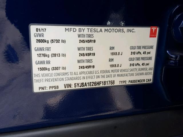 5YJSA1E26HF181768 - 2017 TESLA MODEL S Mavi foto 10