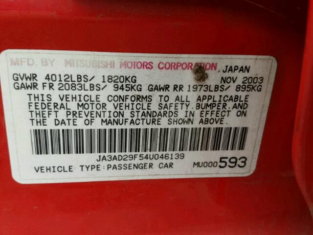 JA3AD29F54U046139 - 2004 MITSUBISHI LANCER RED photo 10