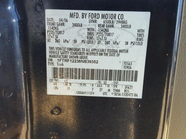 1FTRF12236NB39352 - 2006 FORD F150 BLUE photo 10