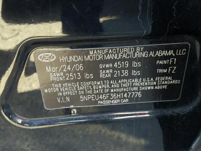 5NPEU46F36H147776 - 2006 HYUNDAI SONATA GLS BLACK photo 10