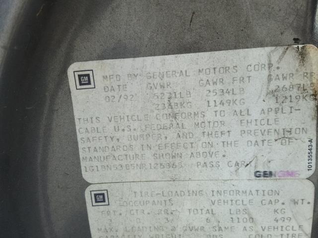 1G1BN53E5NR126865 - 1992 CHEVROLET CAPRICE CL 灰色 照片 10