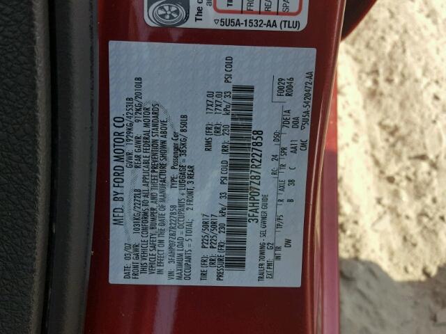 3FAHP07Z87R227858 - 2007 FORD FUSION RED photo 10