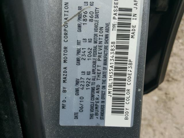JM1BL1H35A1343838 - 2010 MAZDA SPEED 3 GRAY photo 10