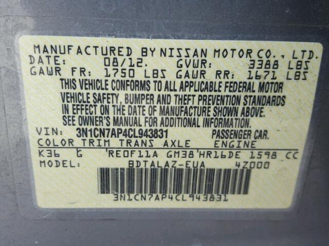 3N1CN7AP4CL943831 - 2012 NISSAN VERSA SILVER photo 10