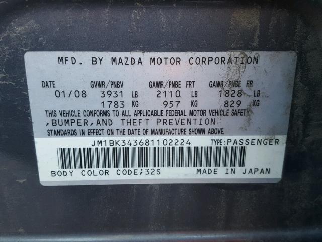 JM1BK343681102224 - 2008 MAZDA 3 HATCHBAC GRAY photo 10