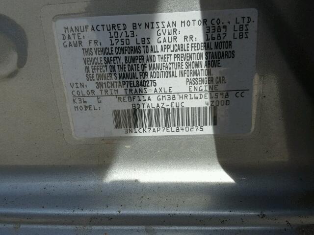 3N1CN7AP7EL840275 - 2014 NISSAN VERSA S GRAY photo 10