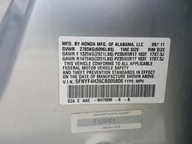 5FNYF4H26CB005806 - 2012 HONDA PILOT LX SILVER photo 10