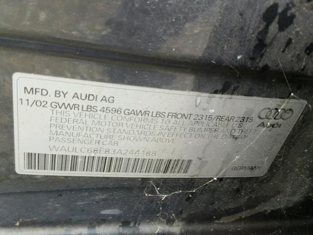 WAULC68E83A244188 - 2003 AUDI A4 1.8T QU BLUE photo 10