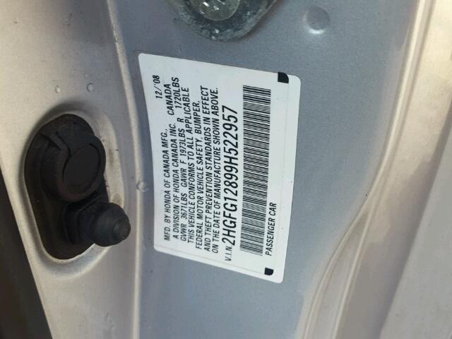 2HGFG12899H522957 - 2009 HONDA CIVIC SILVER photo 10