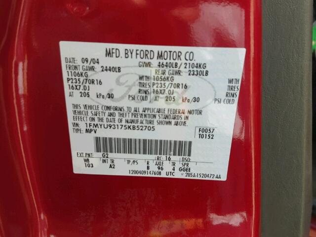 1FMYU93175KB52705 - 2005 FORD ESCAPE RED photo 10