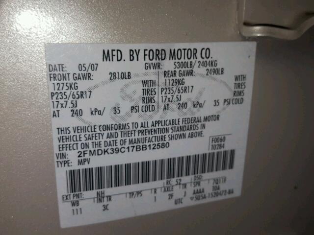 2FMDK39C17BB12580 - 2007 FORD EDGE SEL P CREAM photo 10