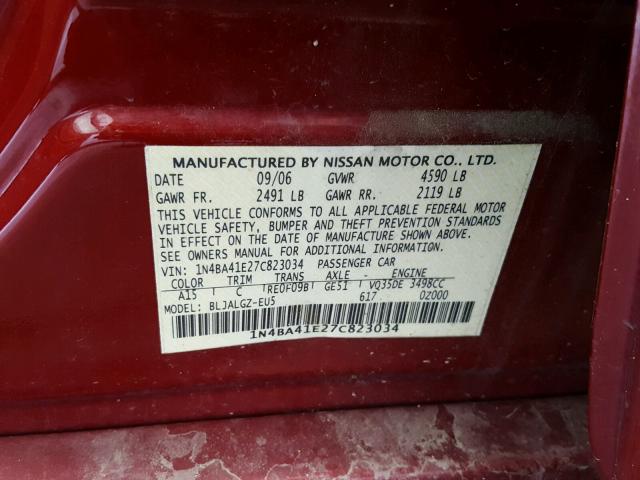 1N4BA41E27C823034 - 2007 NISSAN MAXIMA SE RED photo 10