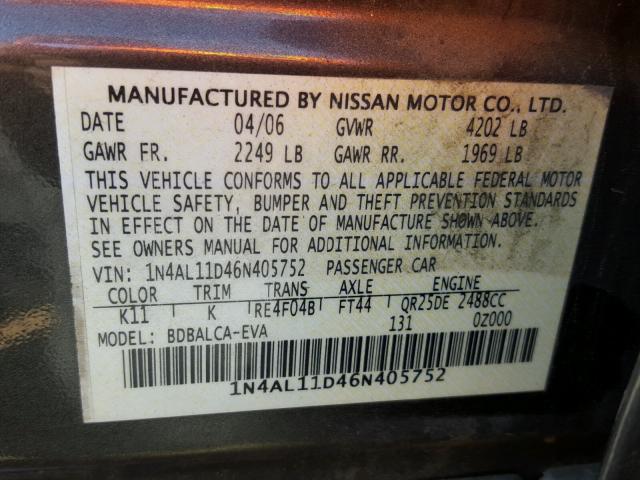 1N4AL11D46N405752 - 2006 NISSAN ALTIMA S GRAY photo 10