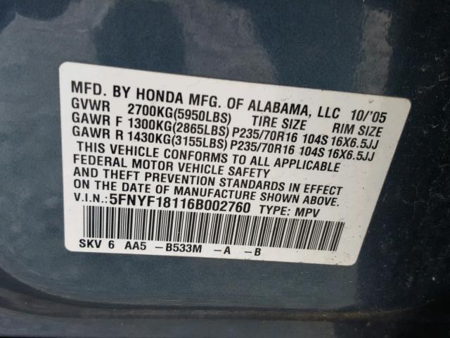 5FNYF18116B002760 - 2006 HONDA PILOT LX GRAY photo 10