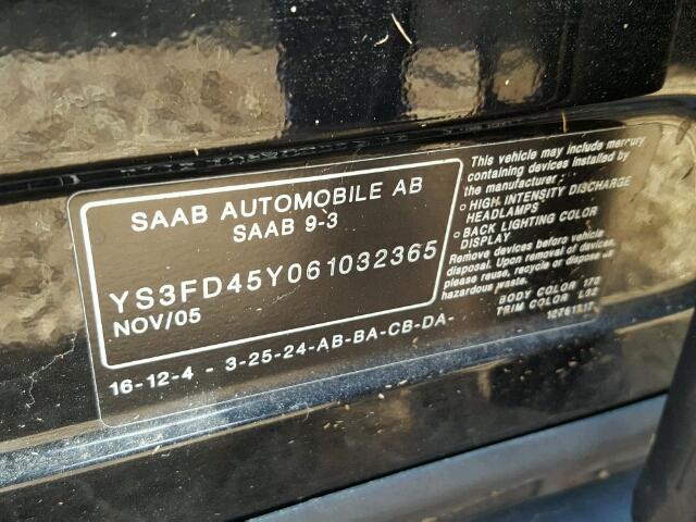 YS3FD45Y061032365 - 2006 SAAB 9-3 BASE BLACK photo 10