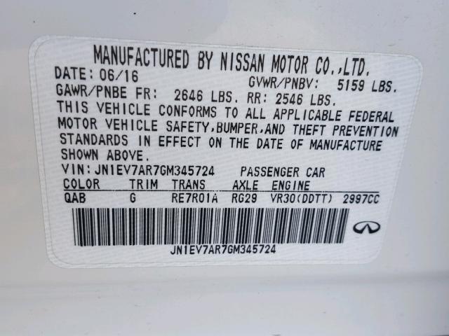 JN1EV7AR7GM345724 - 2016 INFINITI Q50 PREMIU WHITE photo 10