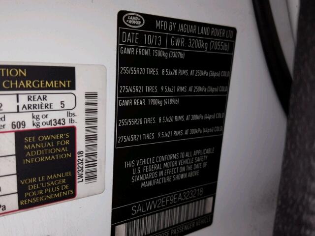 SALWV2EF9EA323218 - 2014 LAND ROVER RANGE ROVE WHITE photo 10