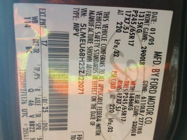 5LMEU68H25ZJ22071 - 2005 LINCOLN AVIATOR CHARCOAL photo 10