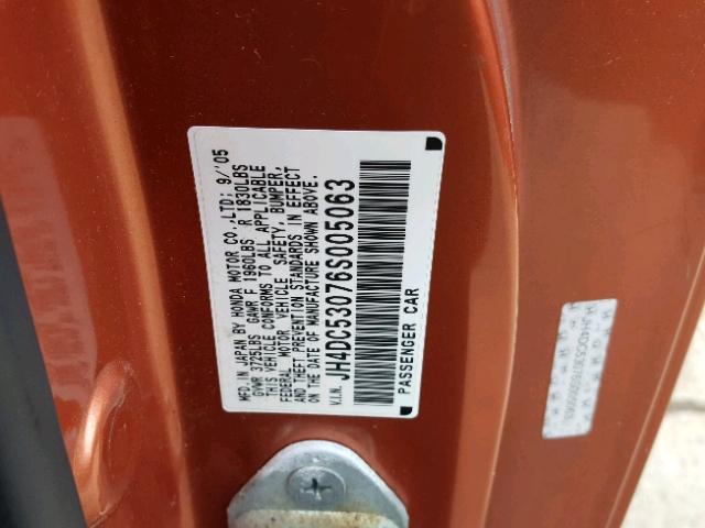 JH4DC53076S005063 - 2006 ACURA RSX TYPE-S ORANGE photo 10