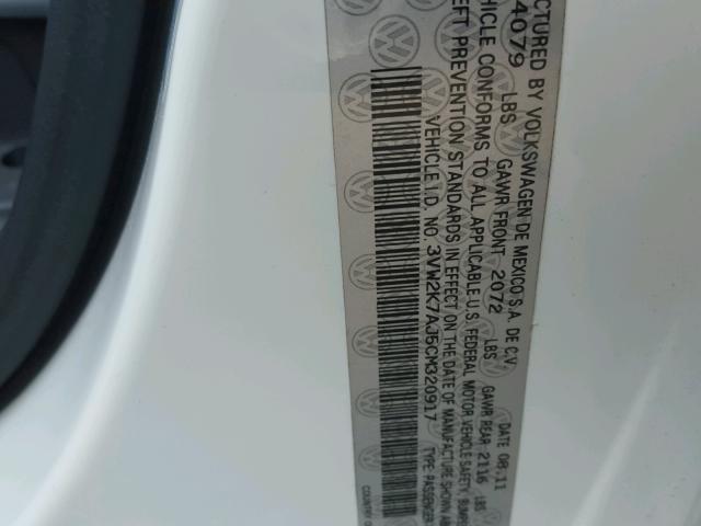 3VW2K7AJ5CM320917 - 2012 VOLKSWAGEN JETTA BASE WHITE photo 10