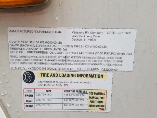 4YDT300229B450804 - 2009 KEYSTONE OUTBACK WHITE photo 10