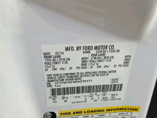 1FTFW1EF9EKD76171 - 2014 FORD F150 SUPER WHITE photo 10