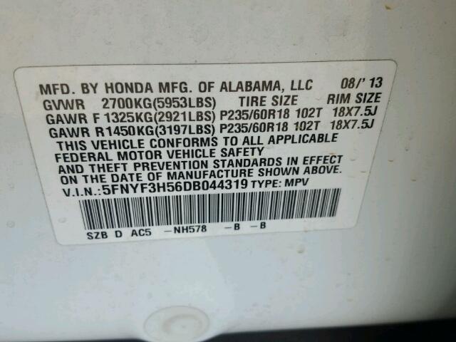 5FNYF3H56DB044319 - 2013 HONDA PILOT EXL WHITE photo 10