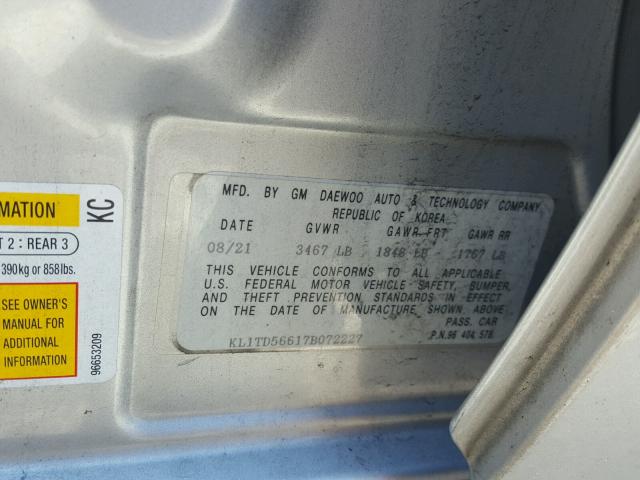 KL1TD56617B072227 - 2007 CHEVROLET AVEO BASE Gümüş foto 10
