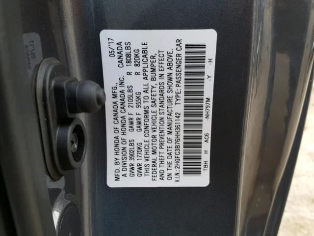 2HGFC3B76HH361142 - 2017 HONDA CIVIC EXL 灰色 照片 10