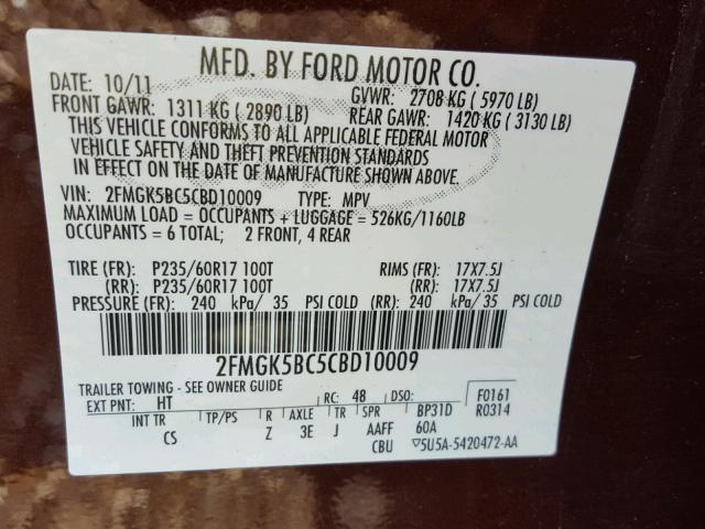 2FMGK5BC5CBD10009 - 2012 FORD FLEX SE BURGUNDY photo 10