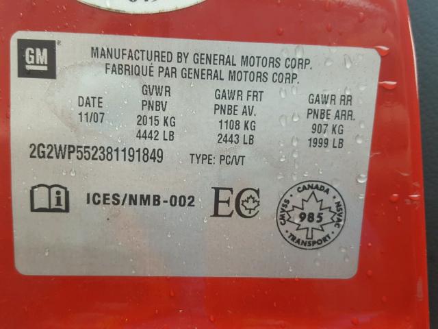 2G2WP552381191849 - 2008 PONTIAC GRAND PRIX წითელი ფოტო 10